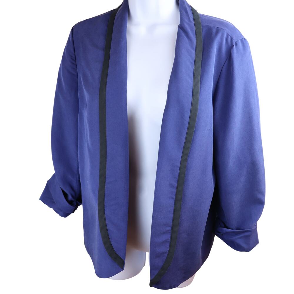 Express Vintage Women Blue Open Front Blazer Black Trim Size 6